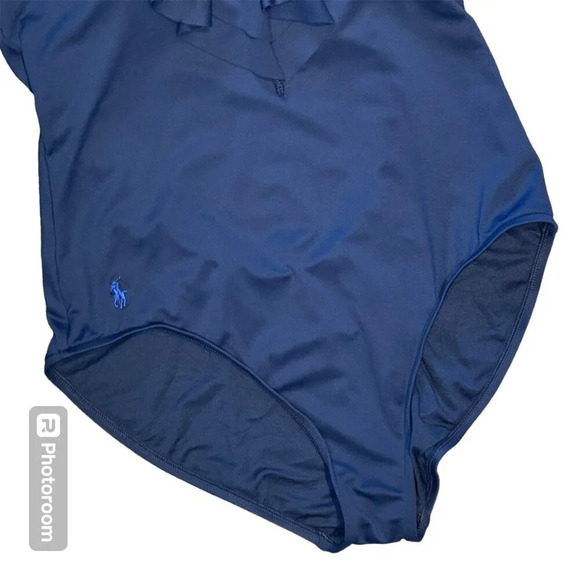 Polo Ralph Lauren Swimsuit Size Large Navy Blue One Piece Scoop Back Ruffle Pony - Picture 5 of 16